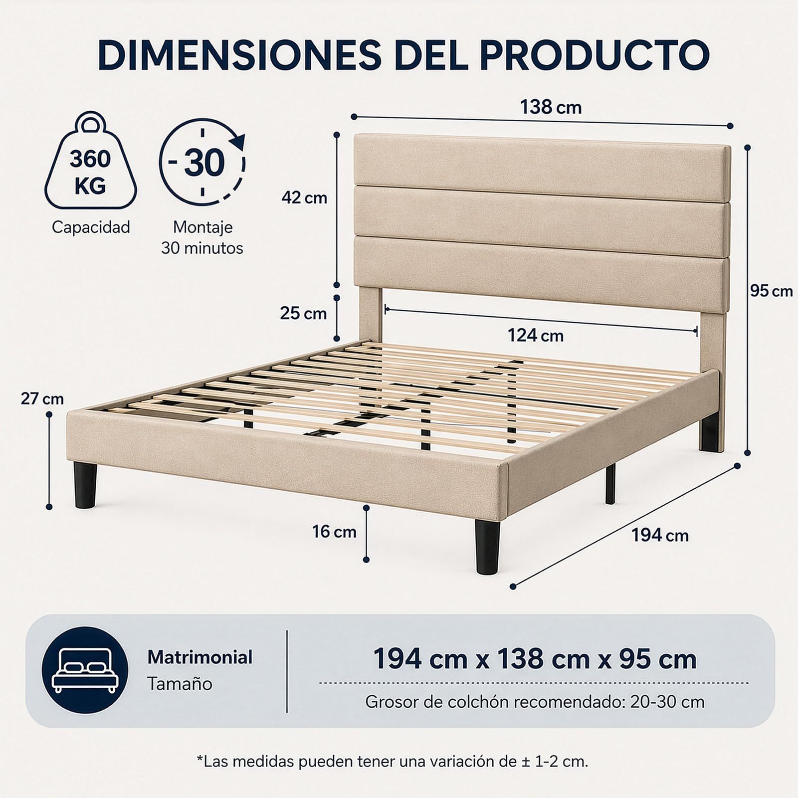 FURRIFIC Double Bed Base with Upholstered Headboard, High Density Metal and Natural Structure, Firm Support without Box Spring, Modern Bed with Resistant Slats, Beige