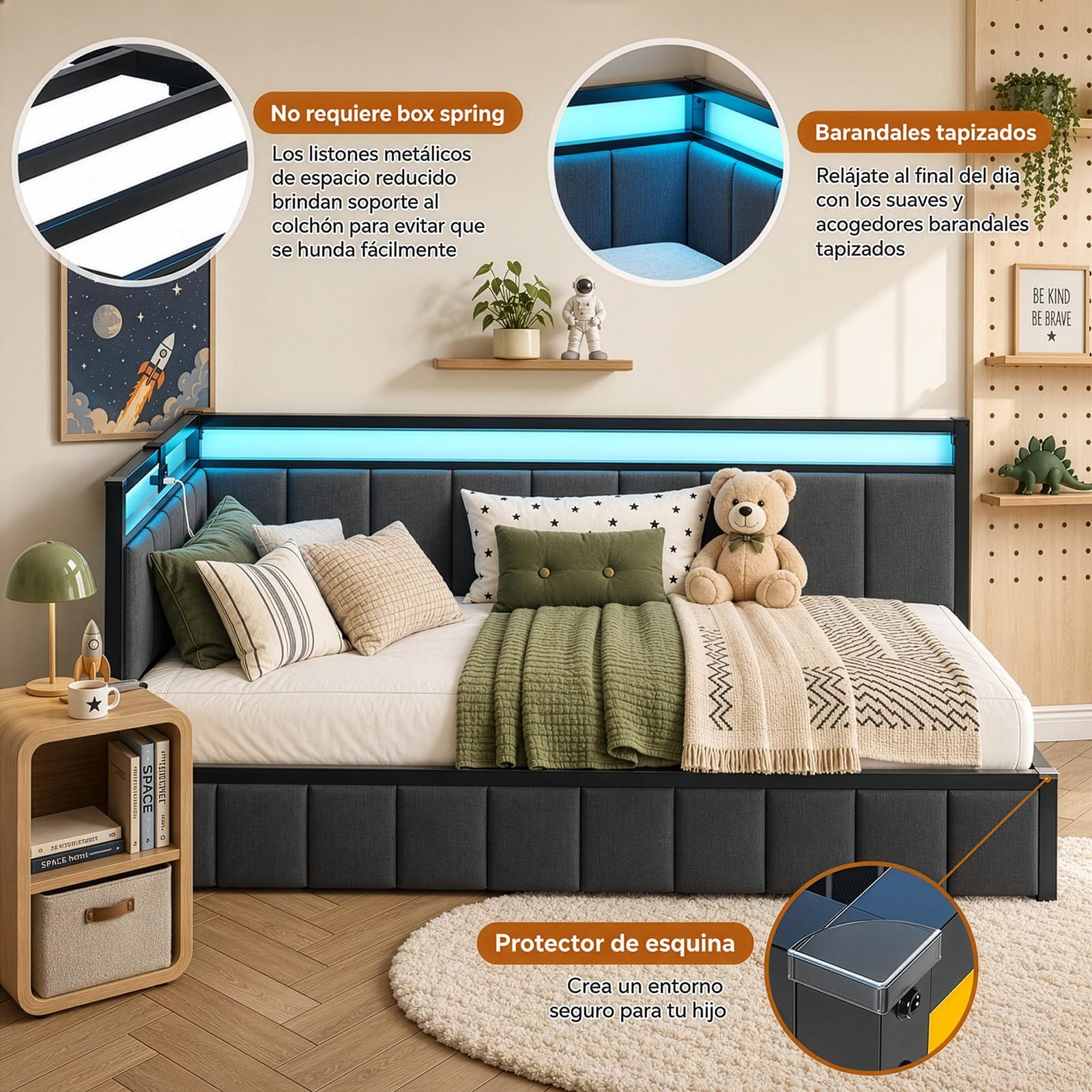 FURRIFIC Corner Single Bed with Drawers, Single Bed Base with RGB LED Light and Charging Station, Upholstered Daybed with Railing, 2 Drawers with Wheels, Metal Frame, Dark Gray