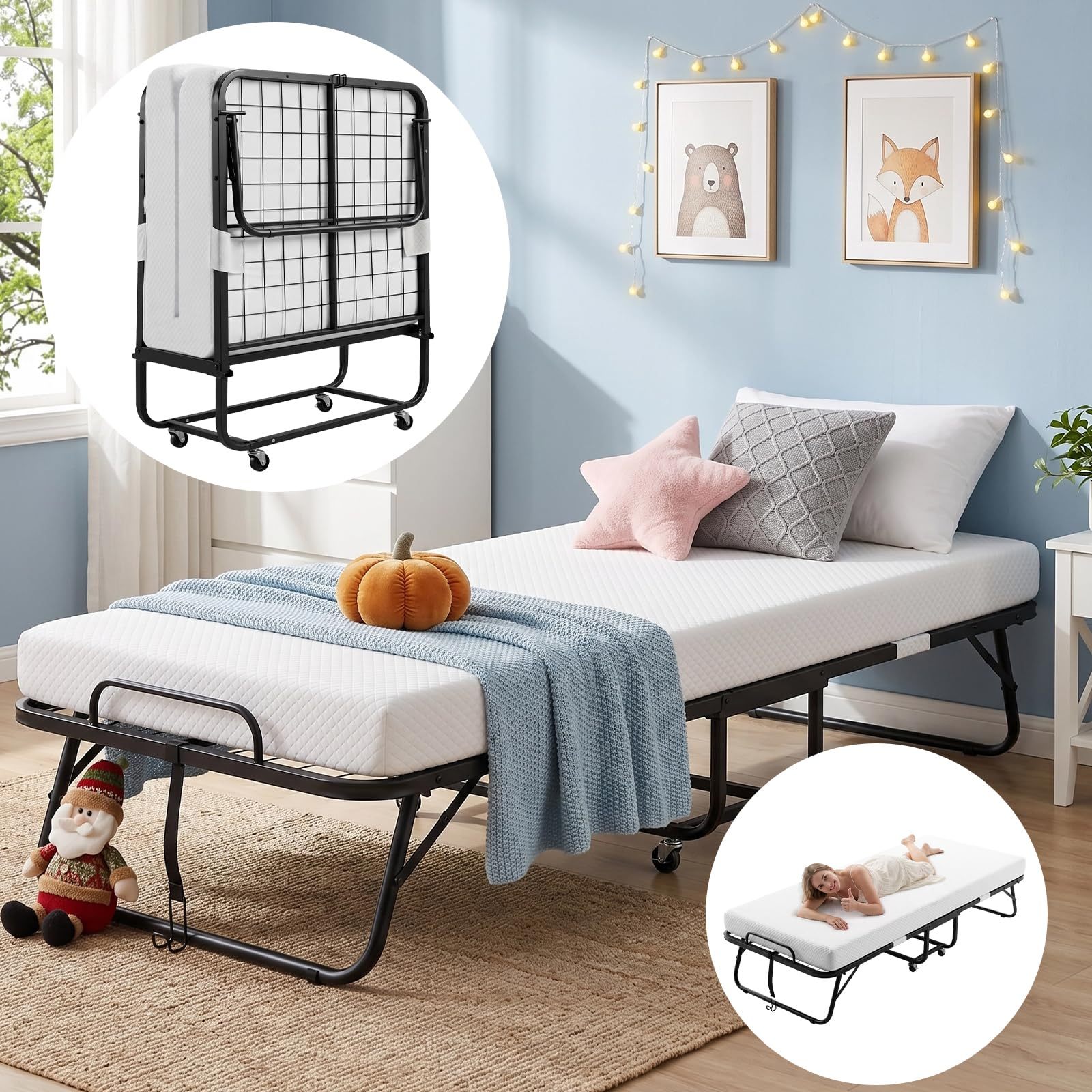 Single Folding Bed with Memory Foam Mattress, Sturdy Steel Frame, Portable Bed for Adults and Children, 360° Swivel Wheels, Saves Space, Ideal for Guest Room