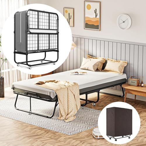 Single Folding Bed with Memory Foam Mattress, Sturdy Steel Frame, Portable Bed for Adults and Children, 360° Swivel Wheels, Saves Space, Ideal for Guest Room