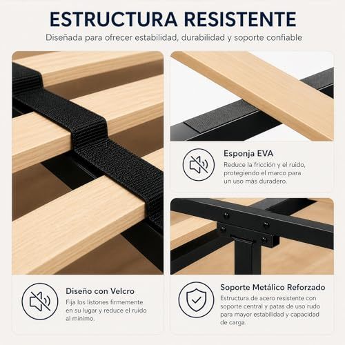 FURRIFIC Double Bed Base with Upholstered Headboard, High Density Metal and Natural Structure, Firm Support without Box Spring, Modern Bed with Resistant Slats, Beige