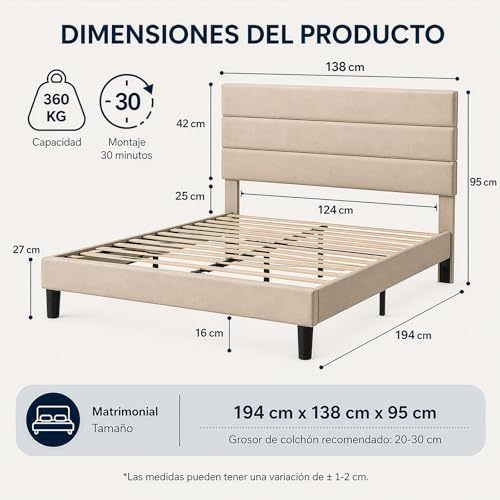 FURRIFIC Double Bed Base with Upholstered Headboard, High Density Metal and Natural Structure, Firm Support without Box Spring, Modern Bed with Resistant Slats, Beige