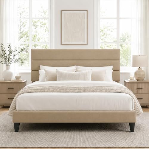 FURRIFIC King Size Bed Base with Dark Gray Upholstered Headboard, Platform King Size Bed Base with Reinforced Support, No Box Spring Required, Anti-Noise, Easy Assembly, Beige