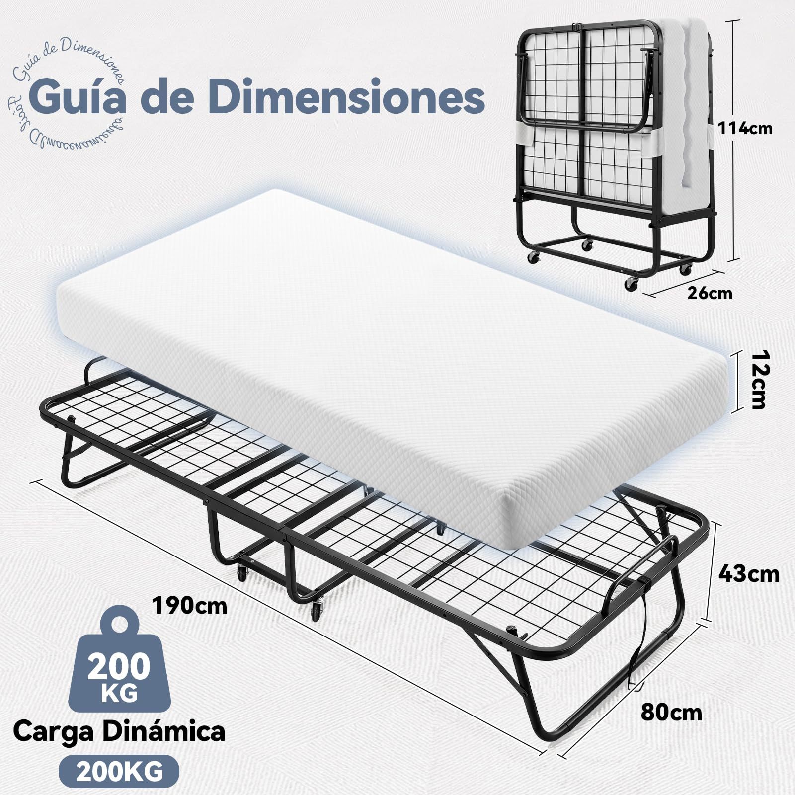 Single Folding Bed with Memory Foam Mattress, Sturdy Steel Frame, Portable Bed for Adults and Children, 360° Swivel Wheels, Saves Space, Ideal for Guest Room