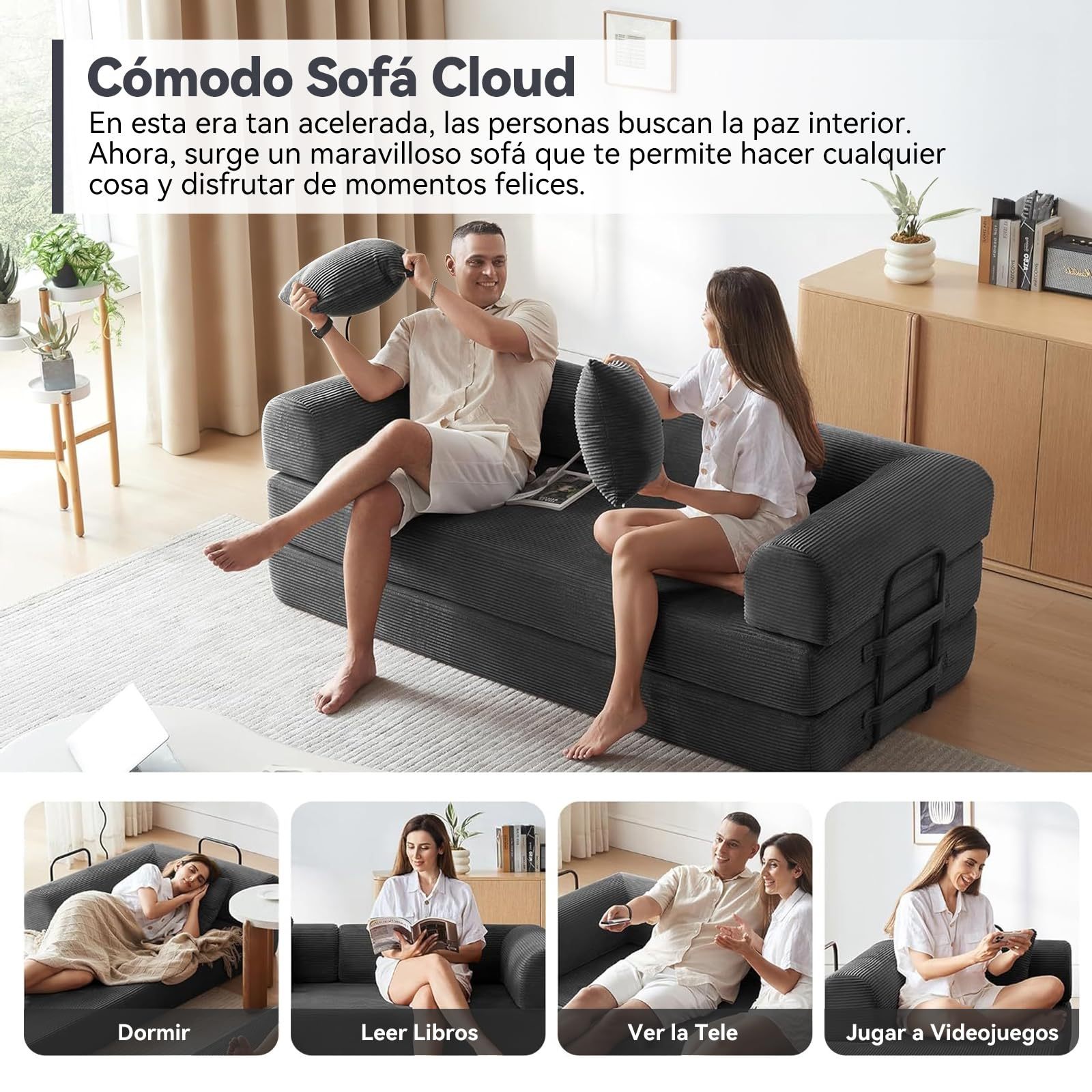 FURRIFIC 5-in-1 Convertible Sofa Bed, Corduroy Modular Sofa with Fixed Shape Frame and Removable Armrests, Foldable Sofa for Small Spaces, No Assembly Required (Black, 200 CM)