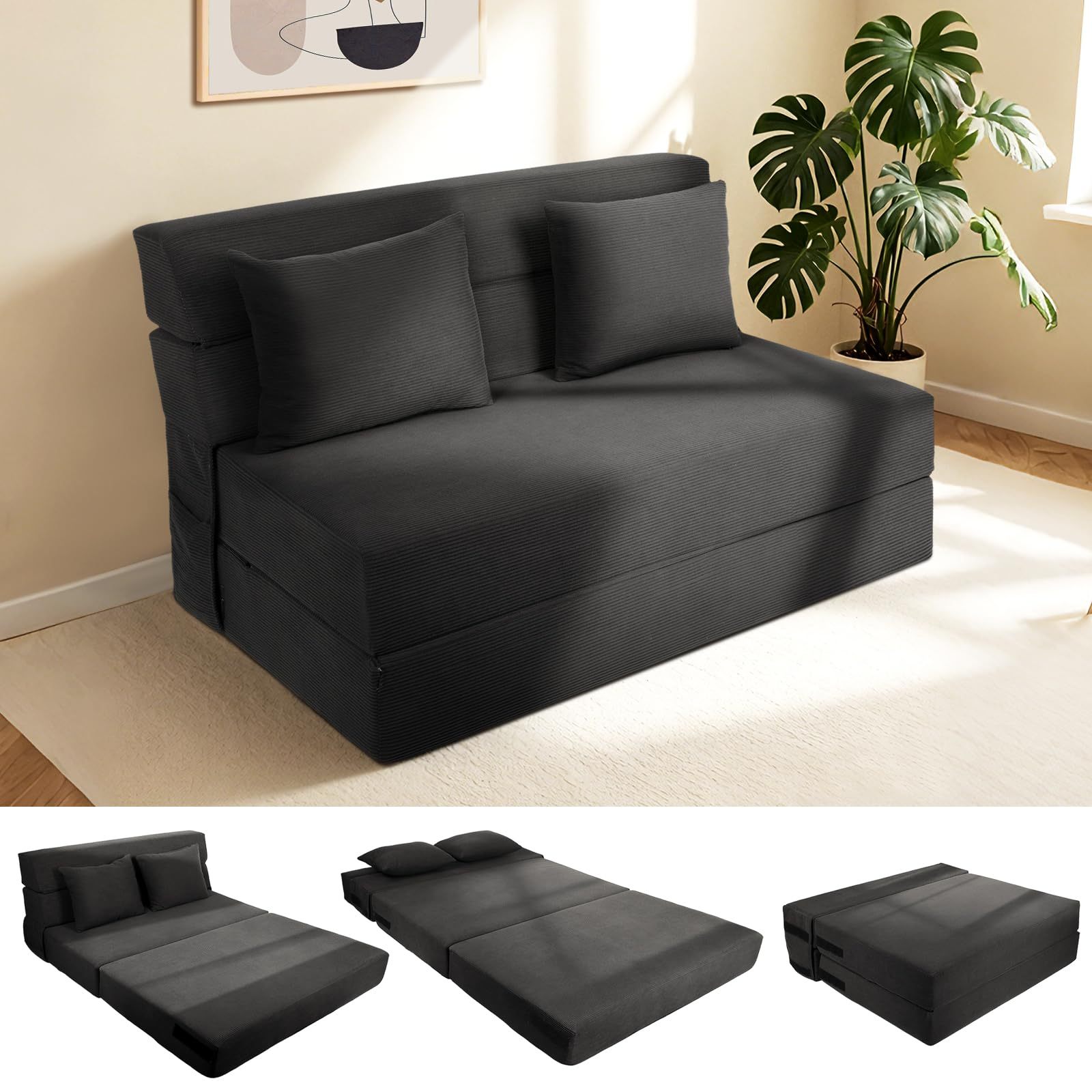 FURRIFIC Double Sofa Bed 2 in 1 with 2 Pillows, Armchair and Convertible, Single Sofa Bed, Machine Washable, No Assembly Needed Ergonomic Support and Softness Home, Living Room, Bedroom (Grey)