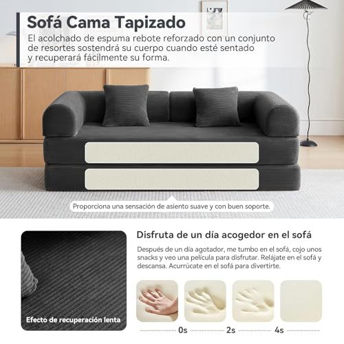 FURRIFIC 5-in-1 Convertible Sofa Bed, Corduroy Modular Sofa with Fixed Shape Frame and Removable Armrests, Foldable Sofa for Small Spaces, No Assembly Required (Black, 200 CM)