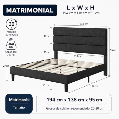 FURRIFIC Double Bed Base with Upholstered Headboard, High Density Metallic and Natural Structure, Firm Support without Box Spring, Modern Bed with Resistant Slats, Charcoal Gray