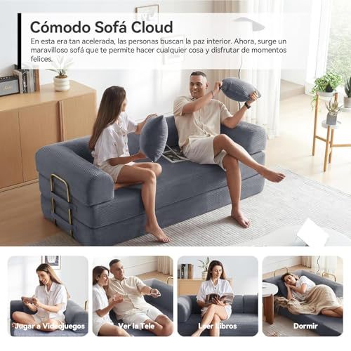 FURRIFIC 5-in-1 Convertible Sofa Bed, Corduroy Modular Sofa with Fixed Shape Frame and Removable Armrests, Folding Sofa for Small Spaces, No Assembly Needed (Dark Grey, 170 CM)