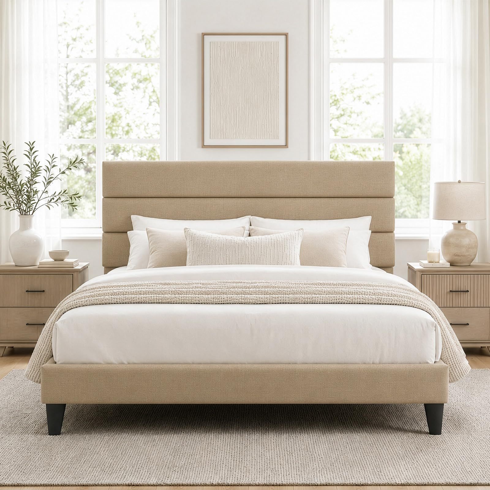 FURRIFIC Double Bed Base with Upholstered Headboard, High Density Metallic and Natural Structure, Firm Support without Box Spring, Modern Bed with Resistant Slats, Charcoal Gray