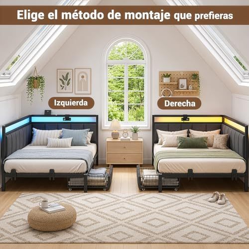 FURRIFIC Corner Single Bed with Drawers, Single Bed Base with RGB LED Light and Charging Station, Upholstered Daybed with Railing, 2 Drawers with Wheels, Metal Frame, Dark Gray