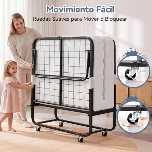 Single Folding Bed with Memory Foam Mattress, Sturdy Steel Frame, Portable Bed for Adults and Children, 360° Swivel Wheels, Saves Space, Ideal for Guest Room