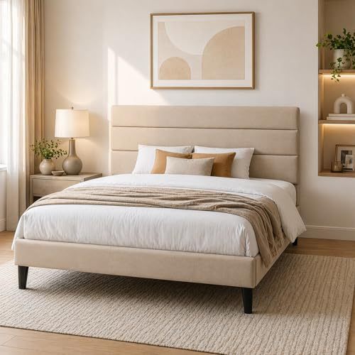 FURRIFIC Double Bed Base with Upholstered Headboard, High Density Metal and Natural Structure, Firm Support without Box Spring, Modern Bed with Resistant Slats, Beige