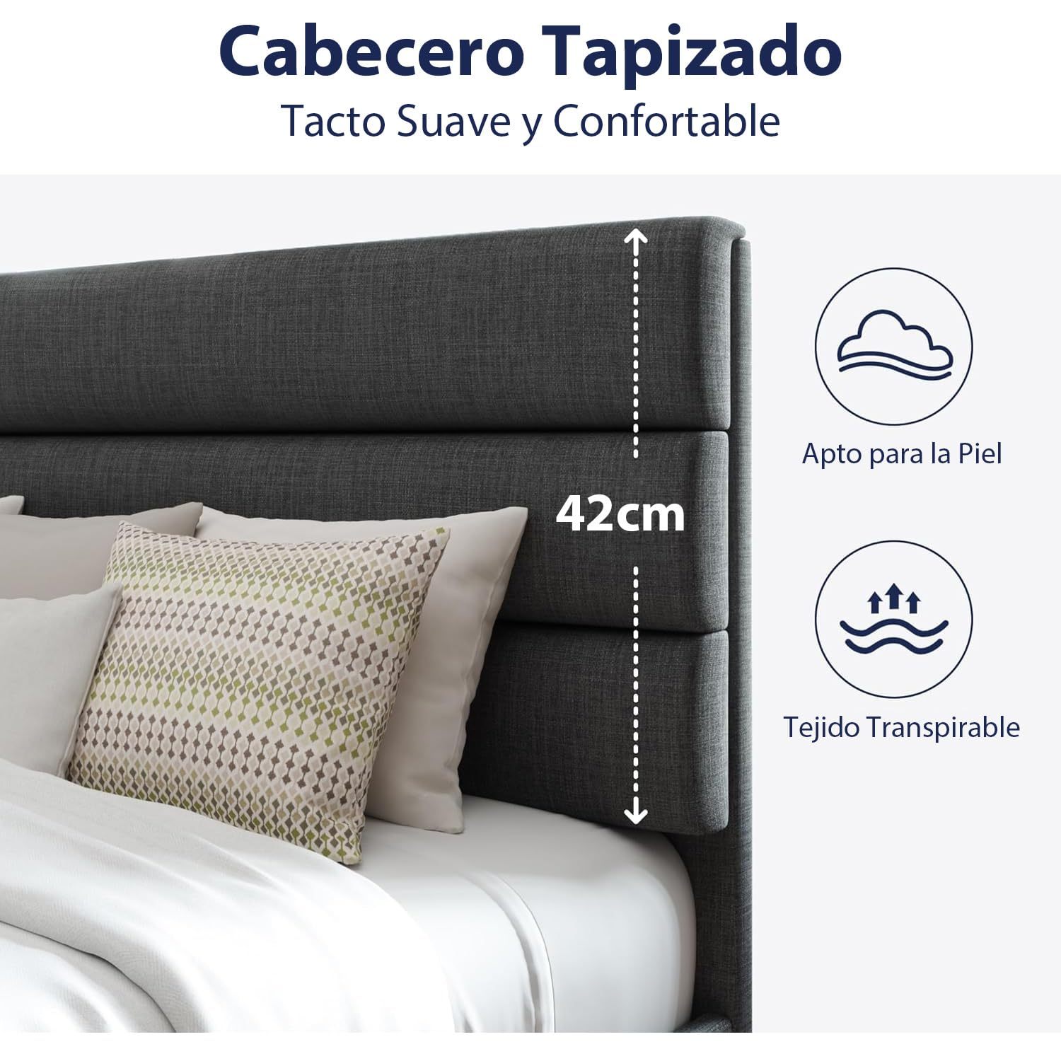 FURRIFIC Double Bed Base with Upholstered Headboard, High Density Metallic and Natural Structure, Firm Support without Box Spring, Modern Bed with Resistant Slats, Charcoal Gray