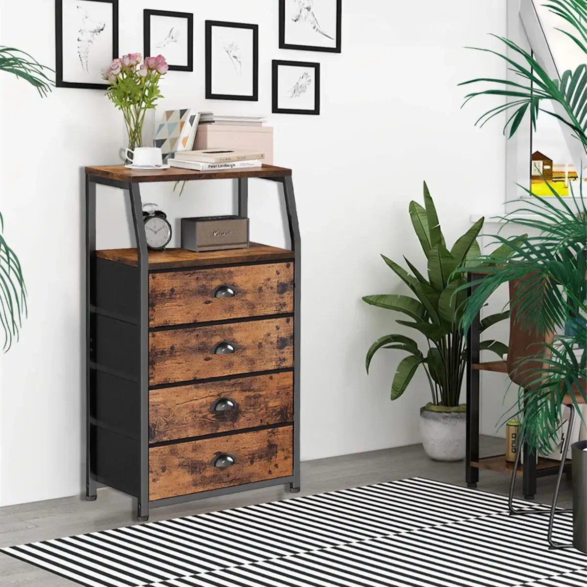 Bedside Table with 4 Drawers and 2-Tier Shelf