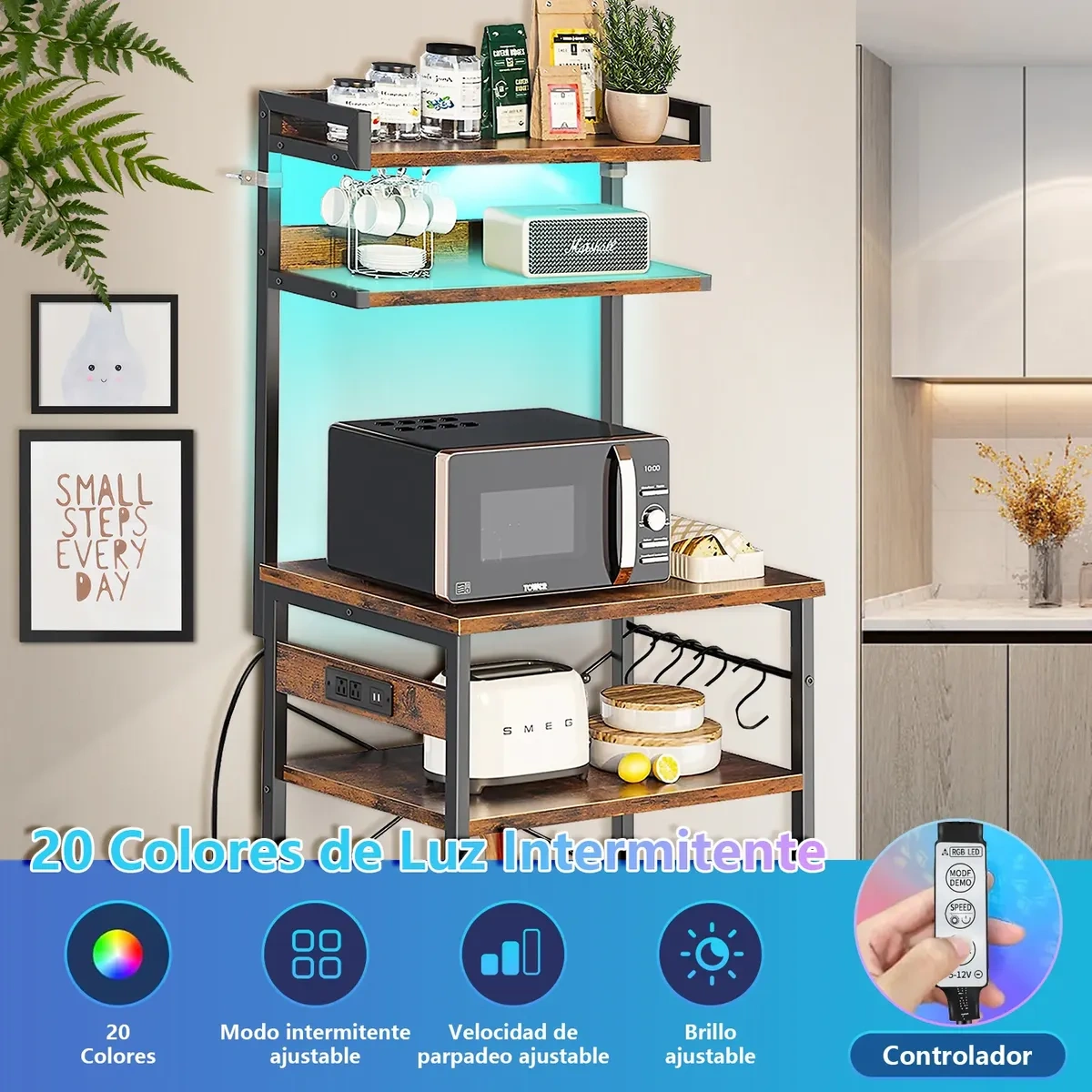 Microwave Cabinet With 5 Floors Metal Shelves With Led And Usb