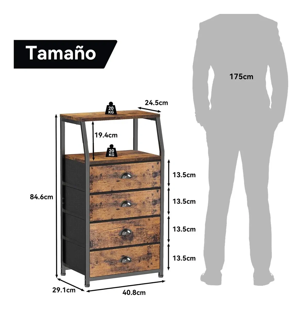 Bedside Table with 4 Drawers and 2-Tier Shelf