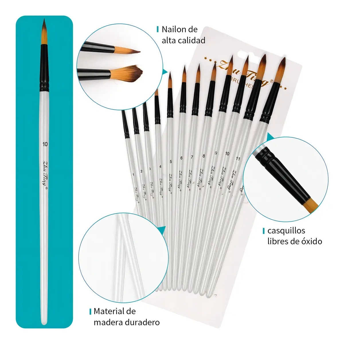 Set of 24 Zhu Ting Brushes for Watercolor, Oil and Gouache with Nylon Bristles and Wooden Handle