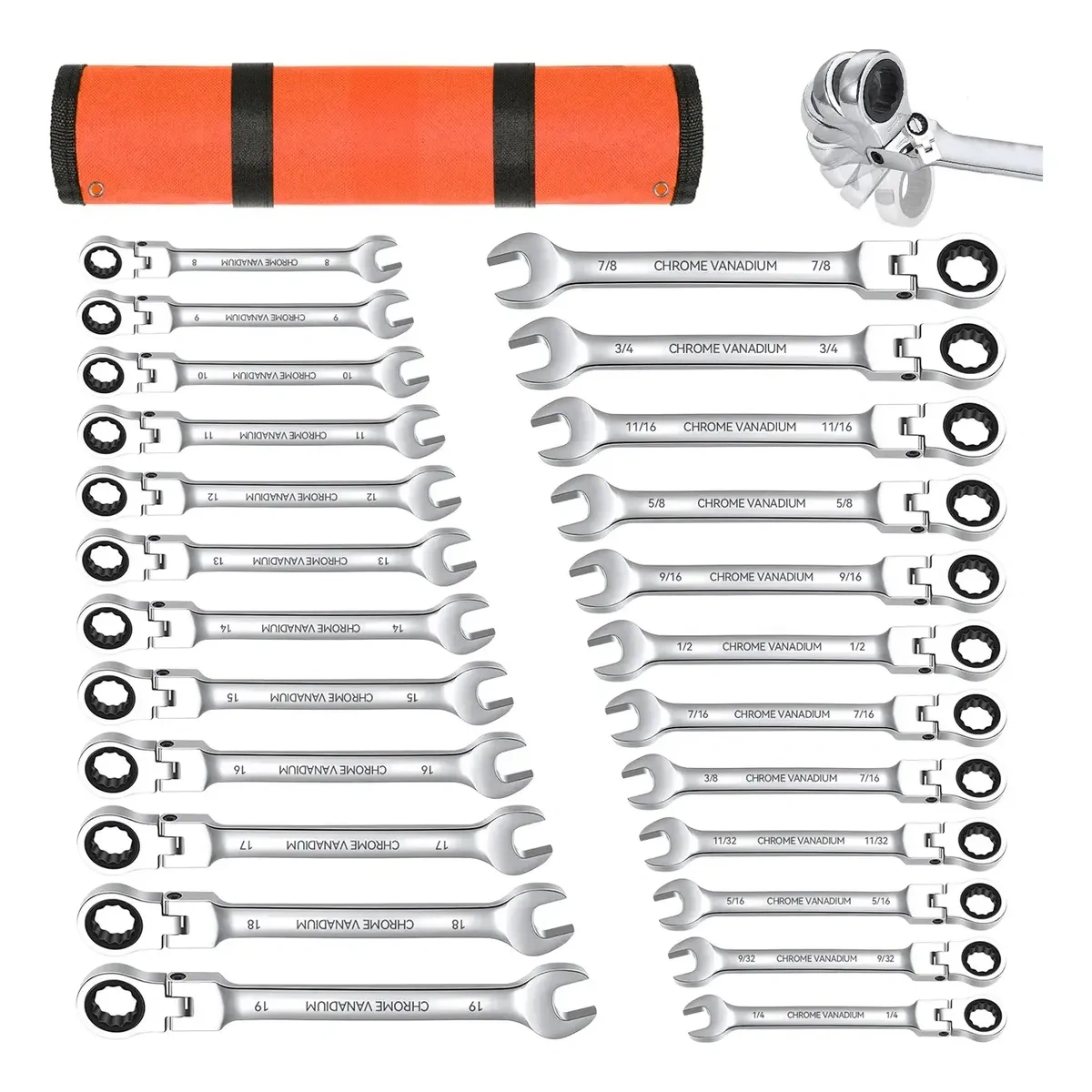 24 Piece Flexible Head Ratchet Wrench Set