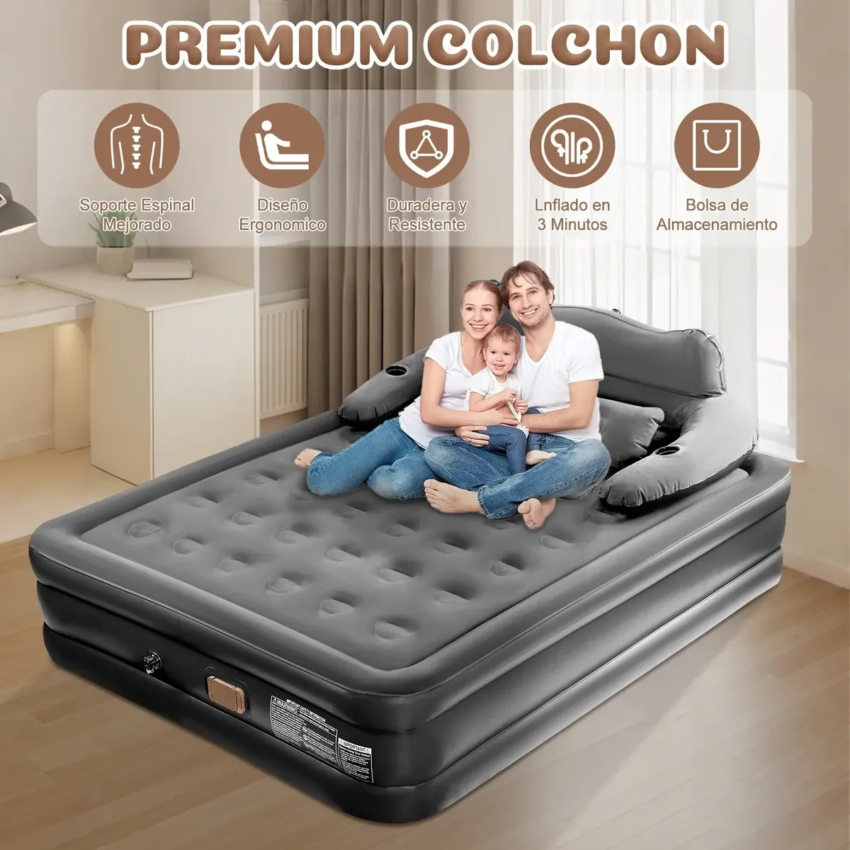 Soft Queen Inflatable Mattress With Headboard, Electric Pump