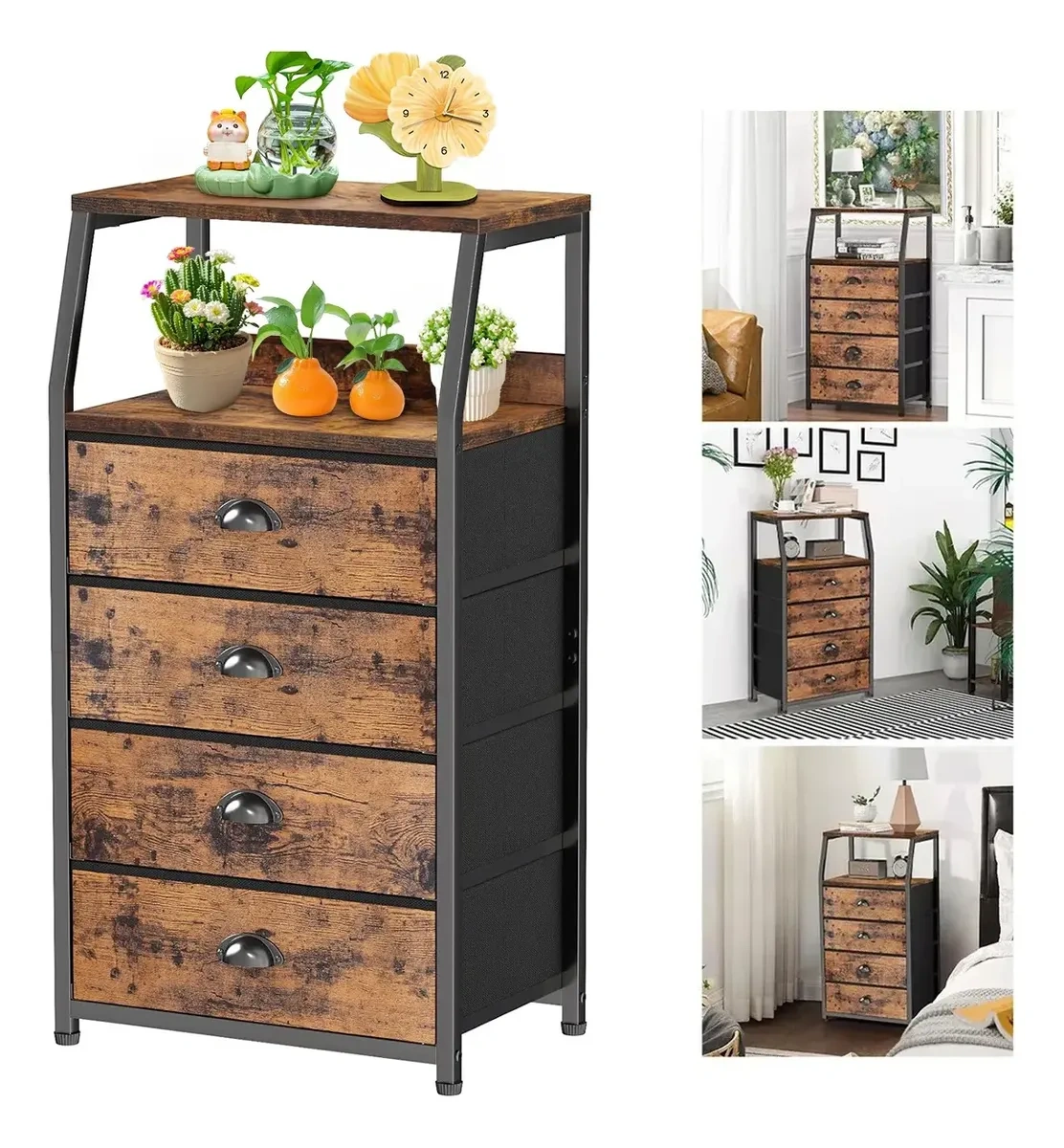Bedside Table with 4 Drawers and 2-Tier Shelf