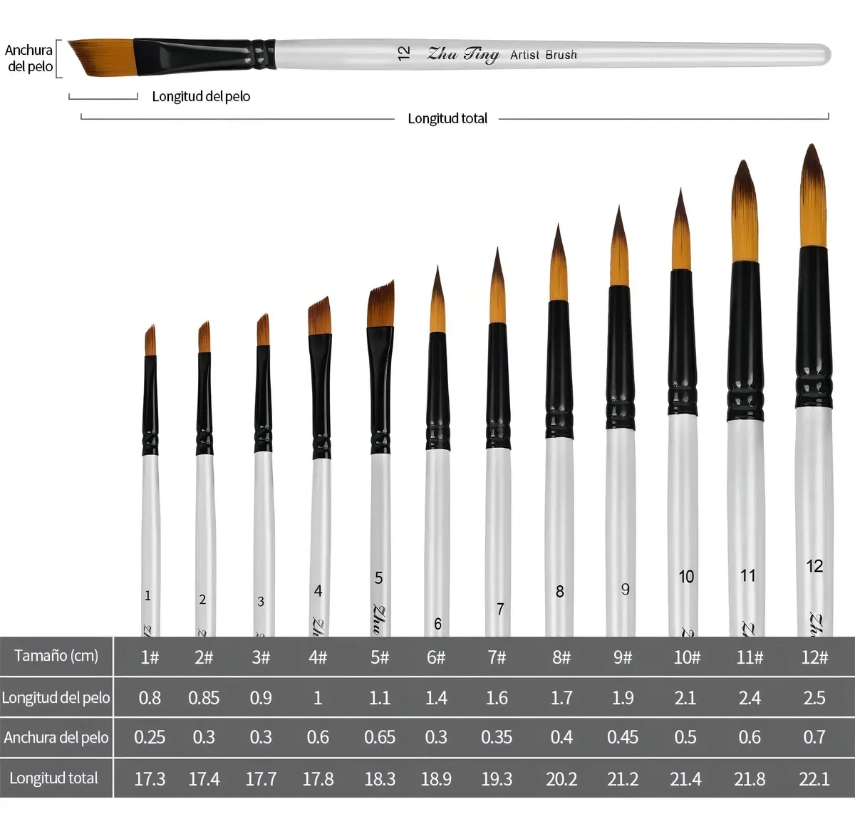 Set of 24 Zhu Ting Brushes for Watercolor, Oil and Gouache with Nylon Bristles and Wooden Handle