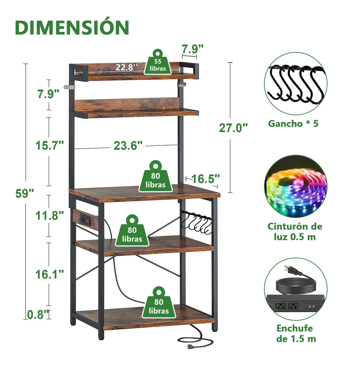 Microwave Cabinet With 5 Floors Metal Shelves With Led And Usb