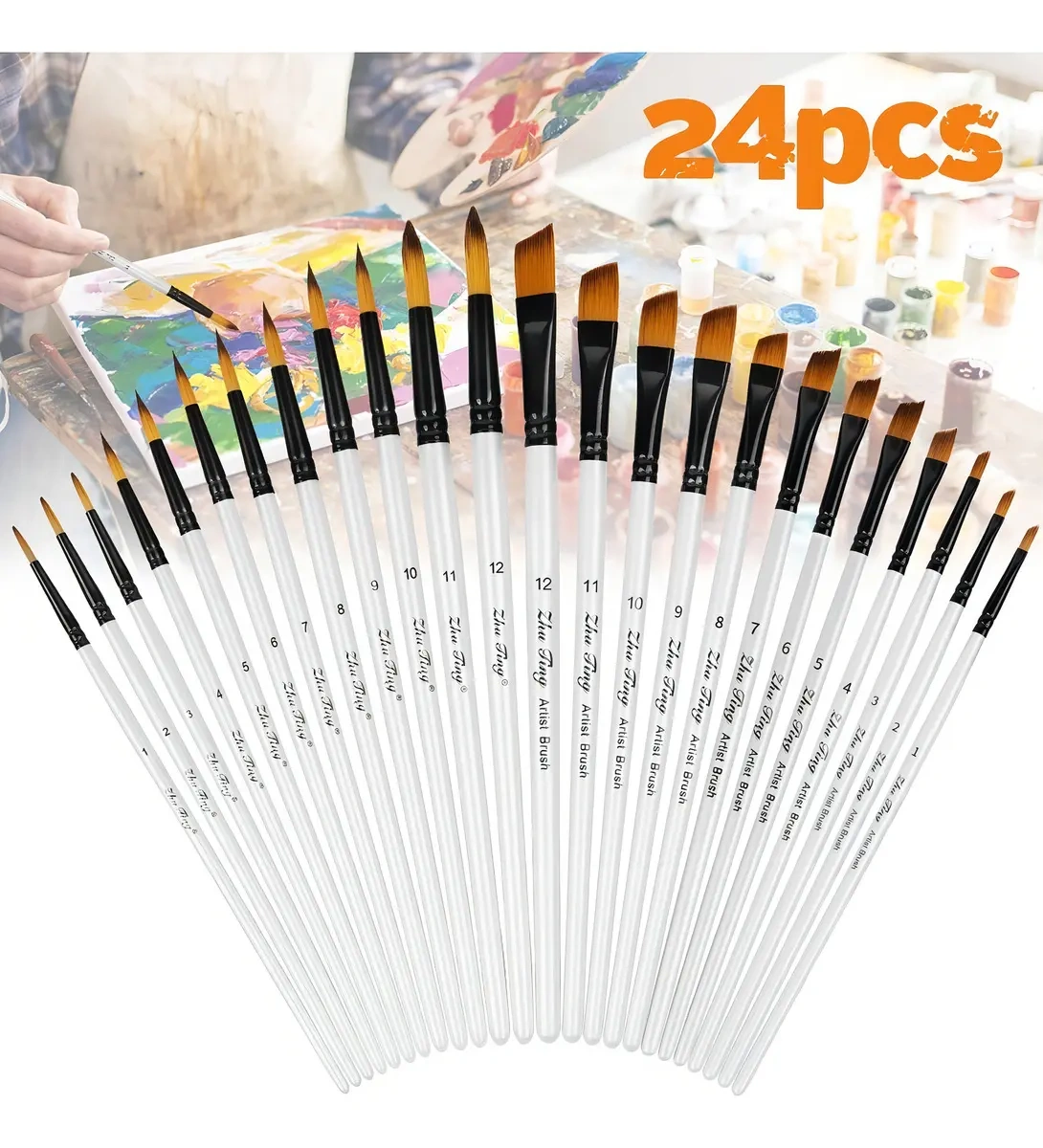Set of 24 Zhu Ting Brushes for Watercolor, Oil and Gouache with Nylon Bristles and Wooden Handle