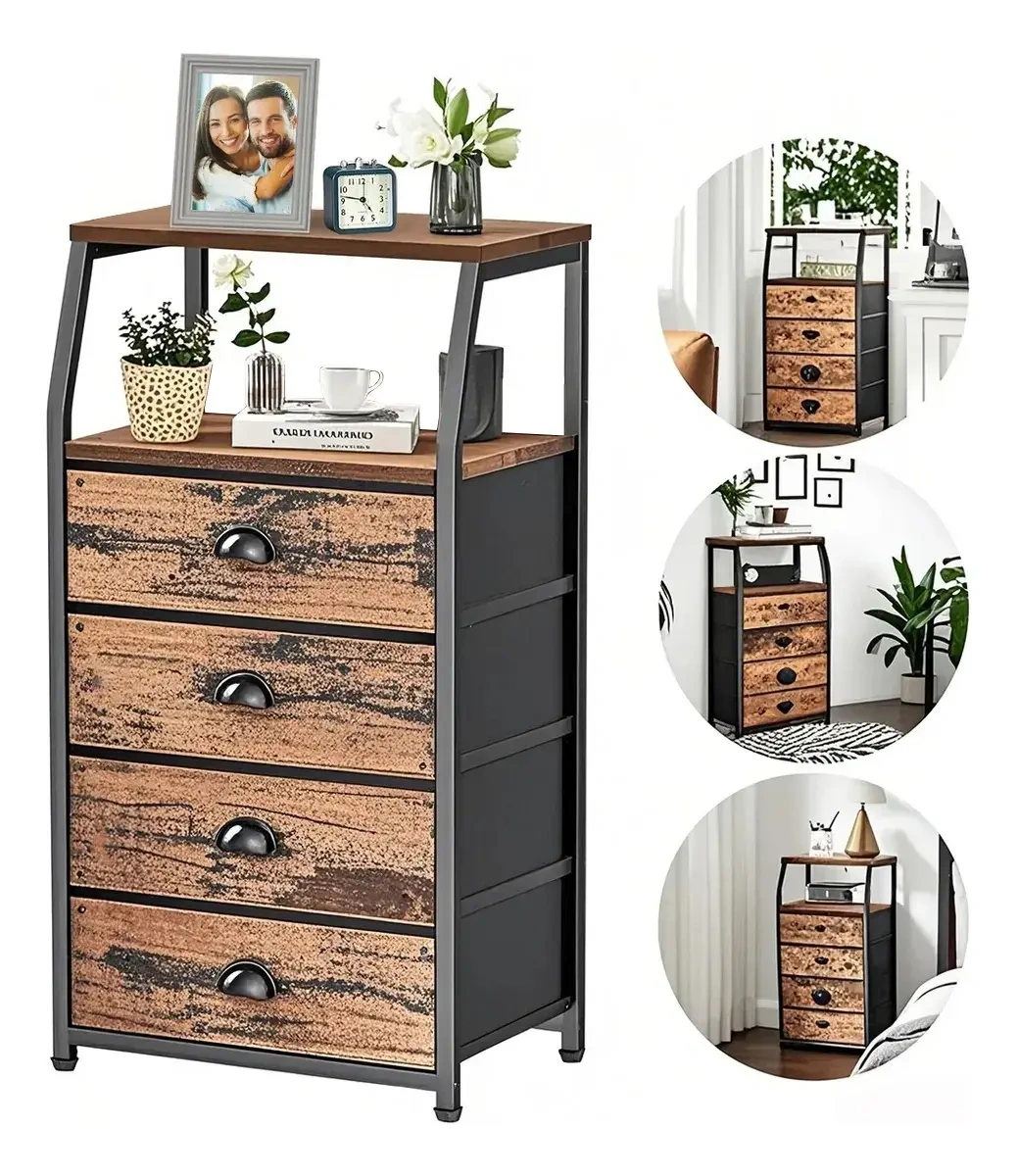 Bedside Table with 4 Drawers and 2-Tier Shelf