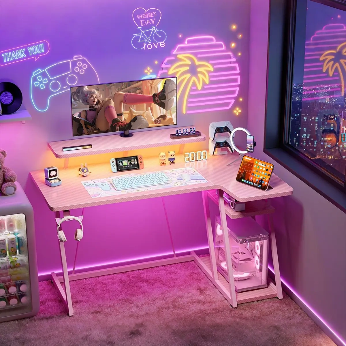 Rgb Gamer Desk 1.2m + monitor/socket/coat rack (pink)