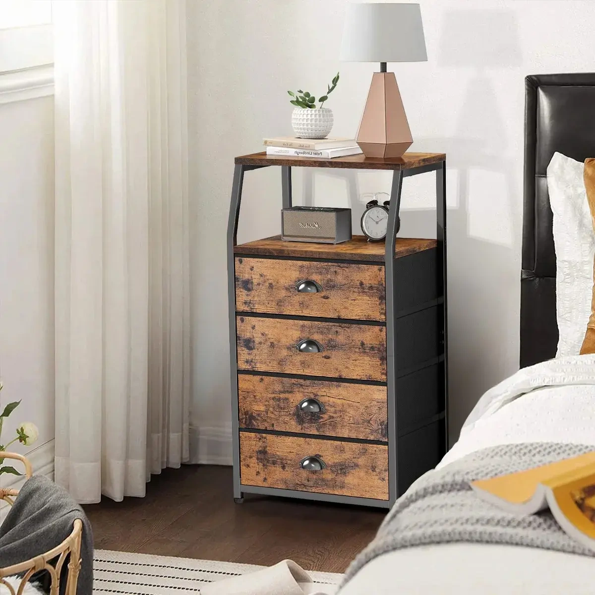Bedside Table with 4 Drawers and 2-Tier Shelf