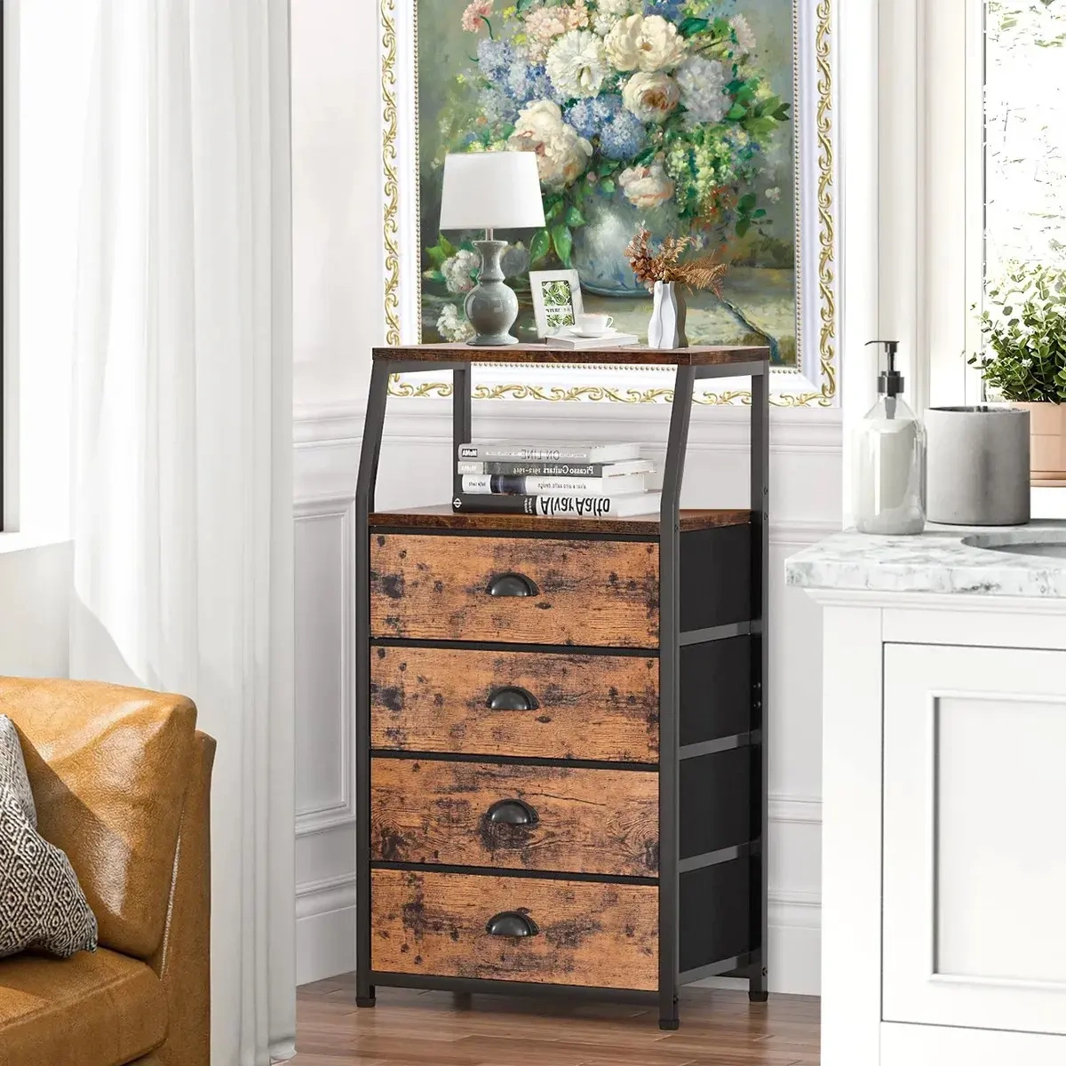 Bedside Table with 4 Drawers and 2-Tier Shelf