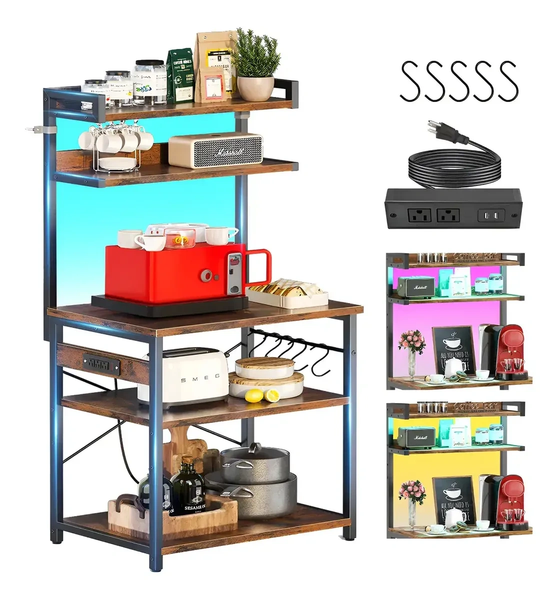 Microwave Cabinet With 5 Floors Metal Shelves With Led And Usb