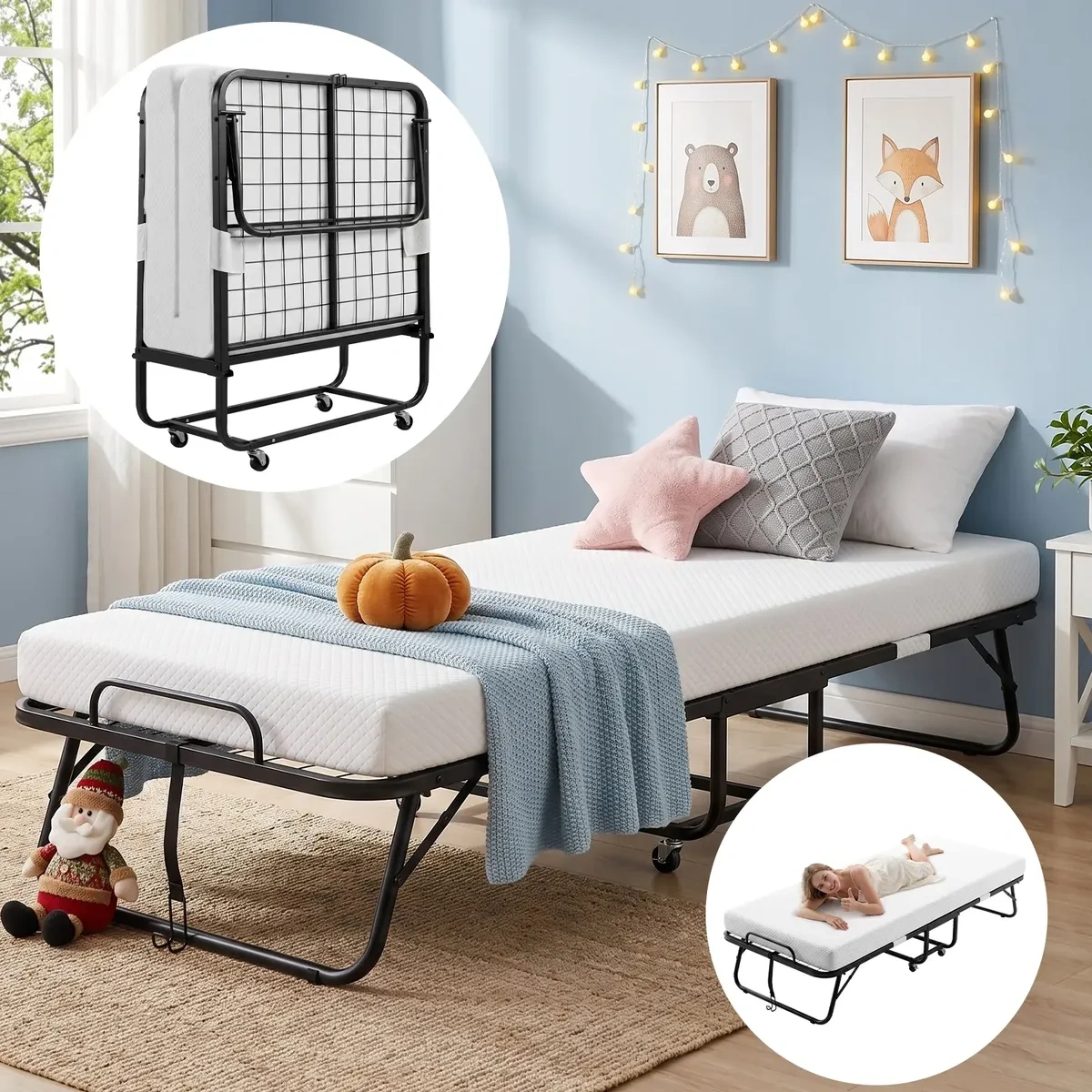 Single Portable Folding Bed With Memory Foam Mattress