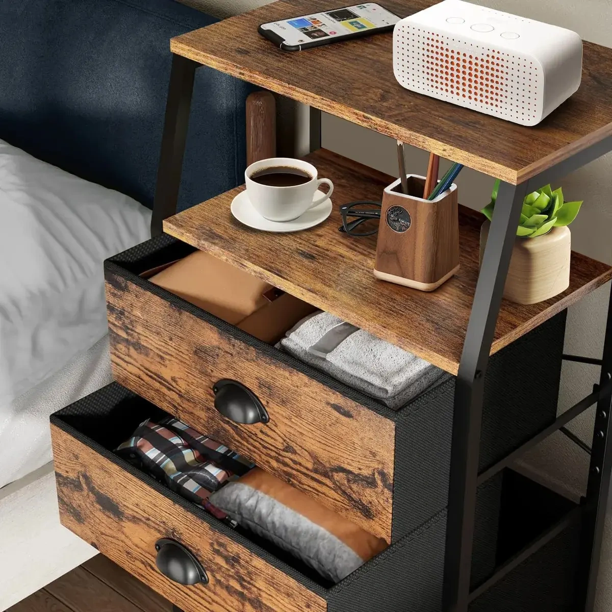 Bedside Table with 4 Drawers and 2-Tier Shelf