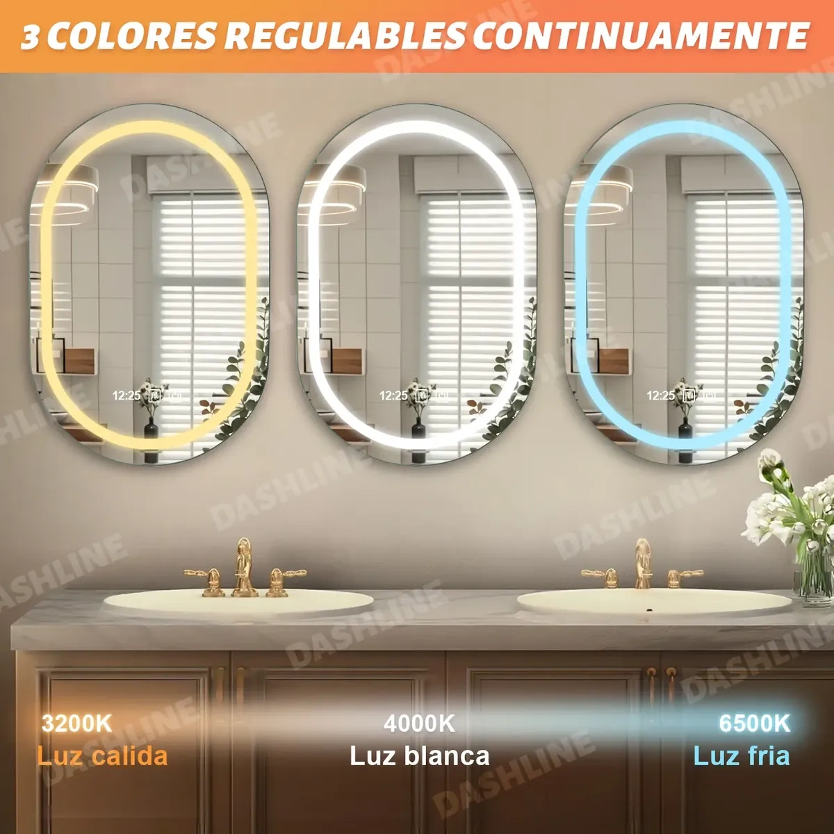 Dashline® Led Touch Bath Mirror Tricolor Anti-Fog Hour 40*60