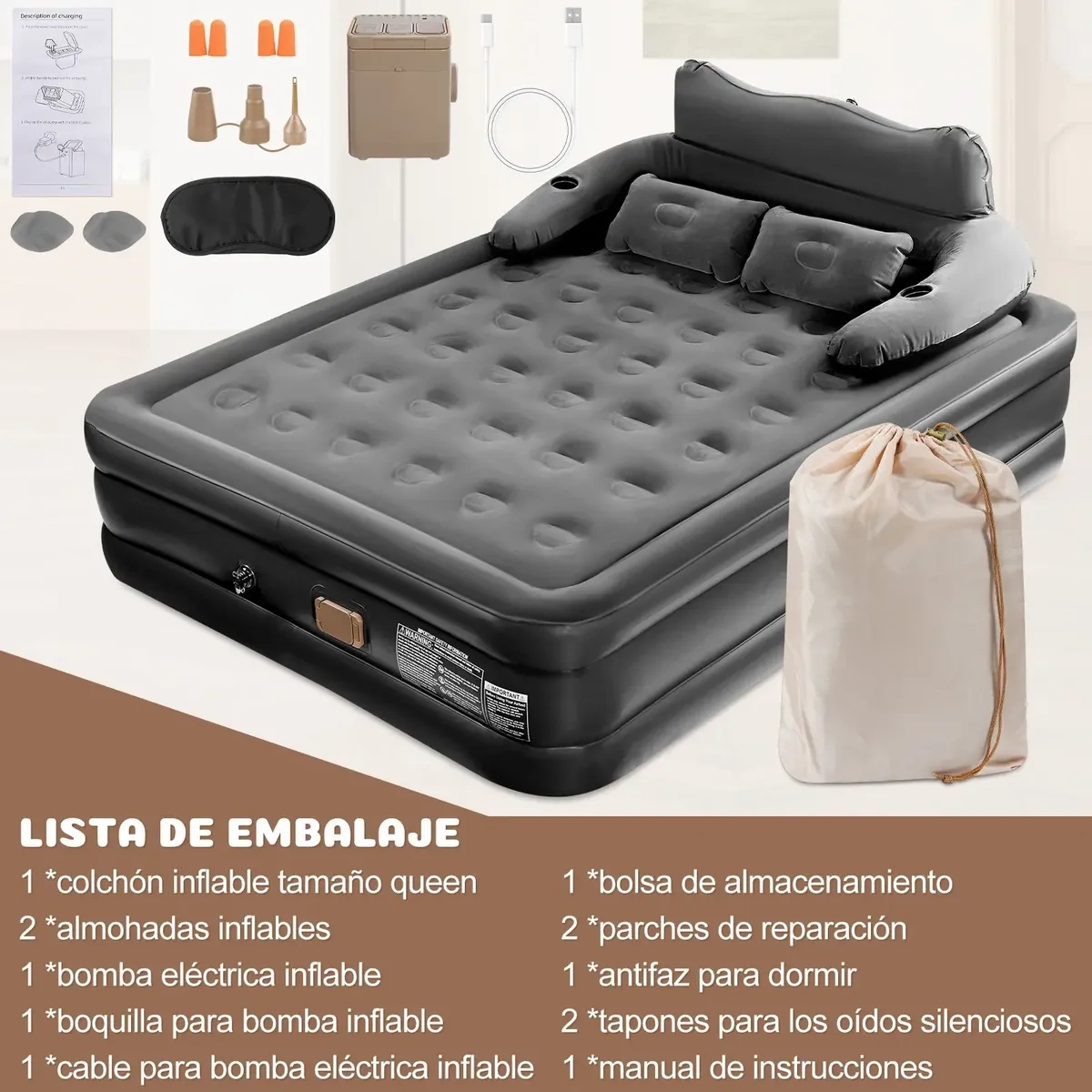 Soft Queen Inflatable Mattress With Headboard, Electric Pump