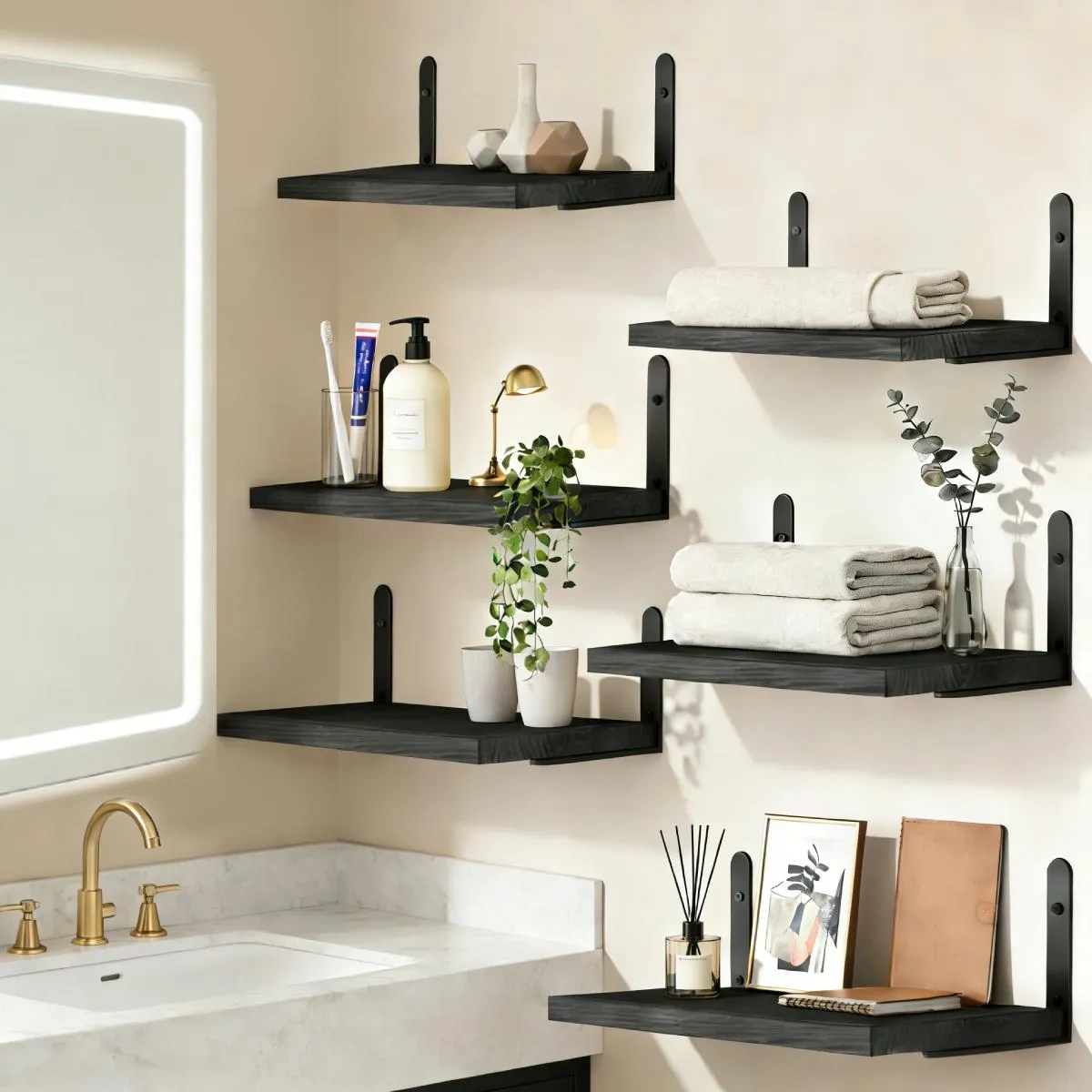 6 Modern Floating Wooden Shelves, Minimalist Furniture