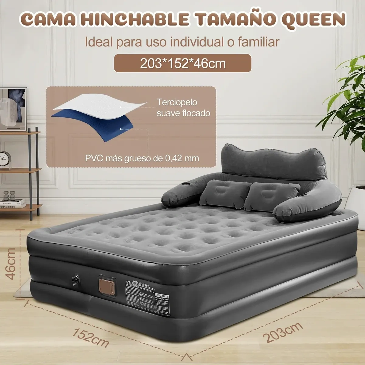 Soft Queen Inflatable Mattress With Headboard, Electric Pump