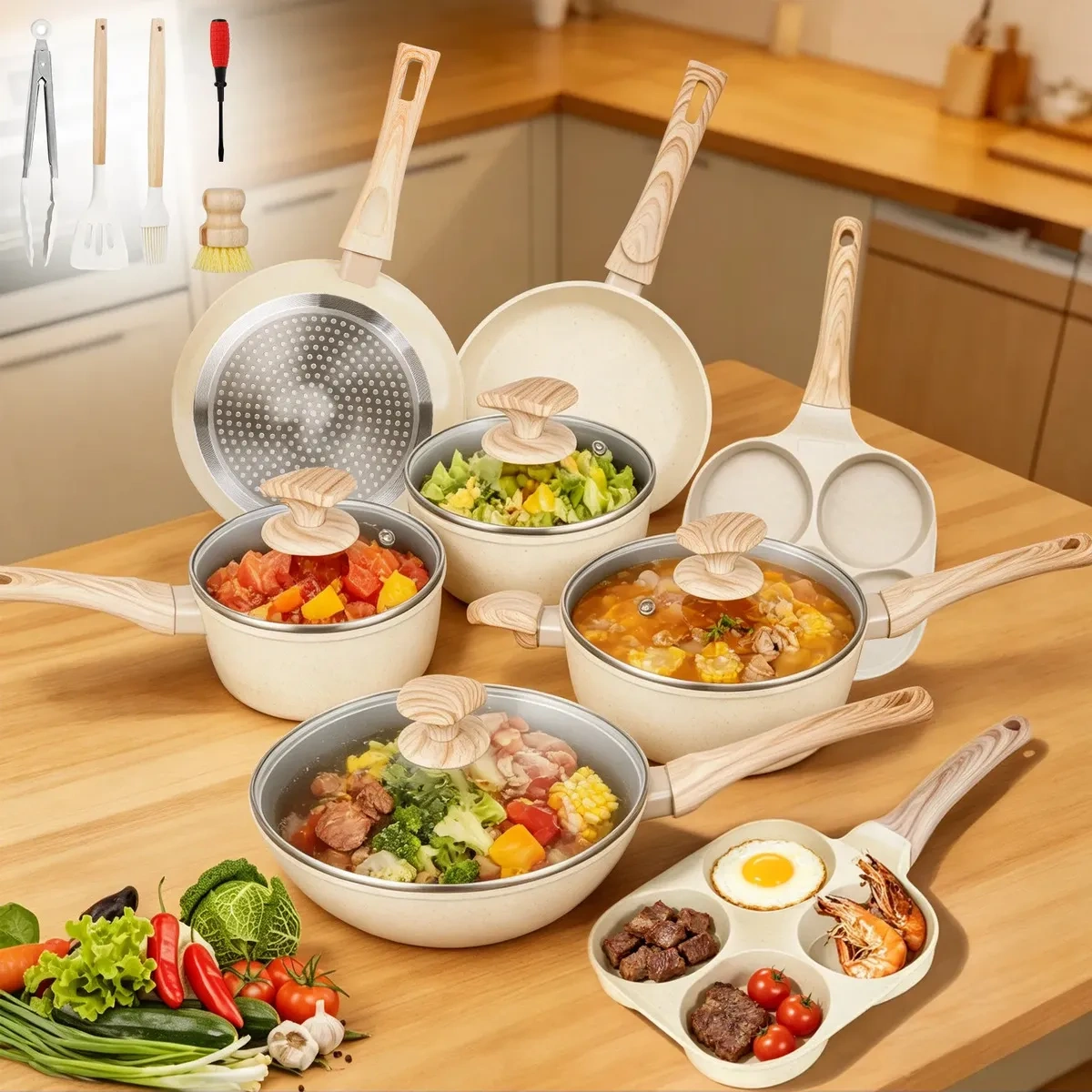 Beige Non-Stick Aluminum Cookware Set