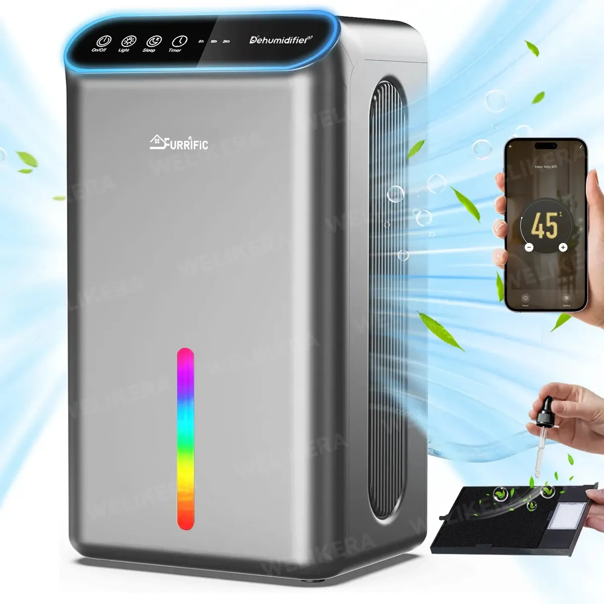 Welikera Silent Dehumidifier of 2.8 L for 120 m² with App and Aromatherapy