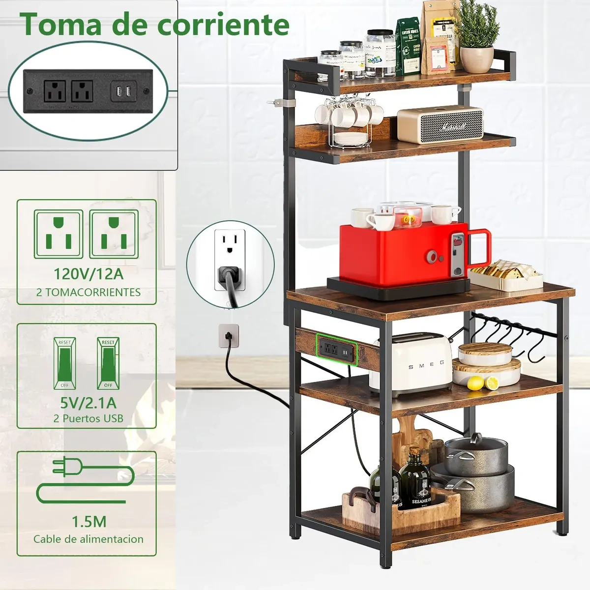 Microwave Cabinet With 5 Floors Metal Shelves With Led And Usb