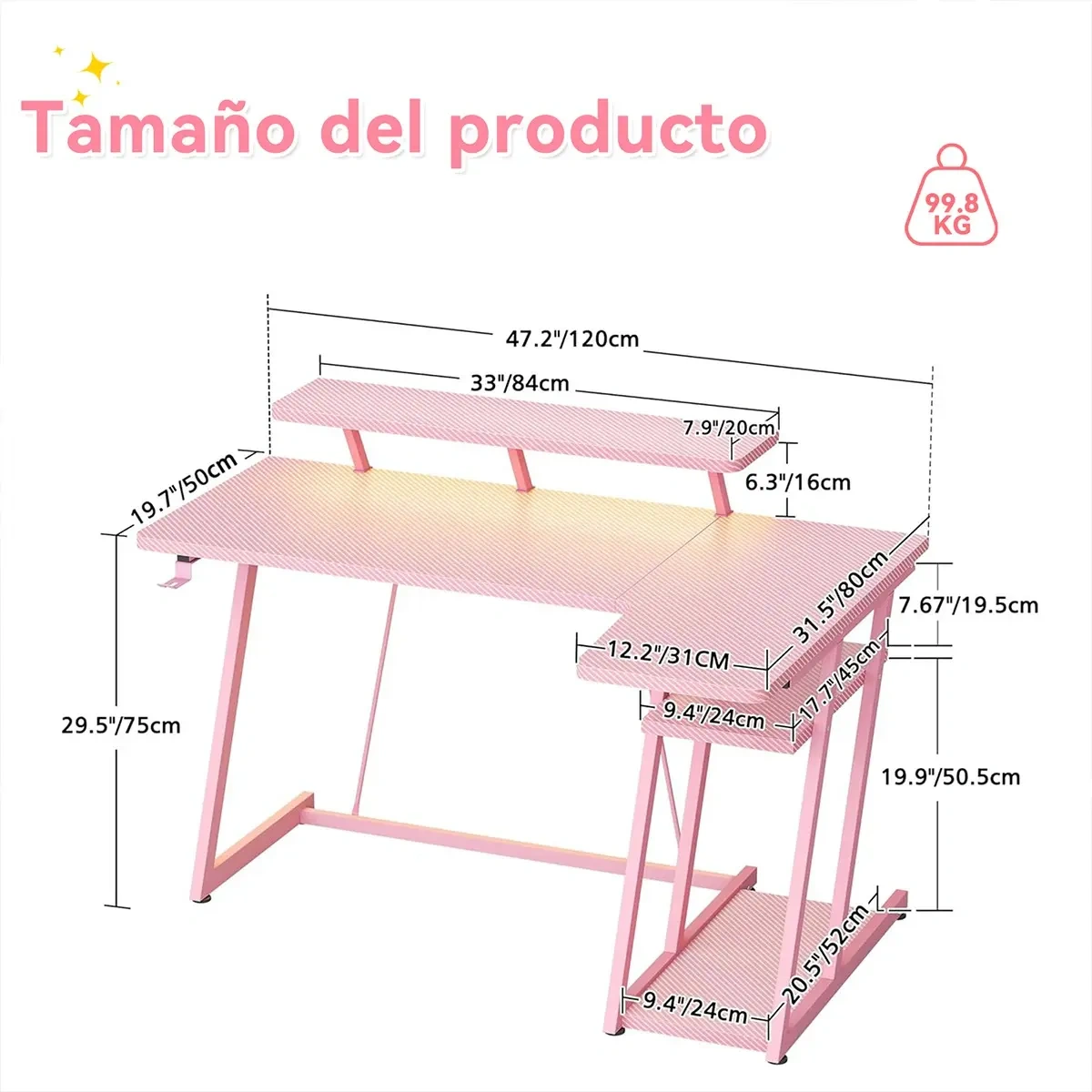 Rgb Gamer Desk 1.2m + monitor/socket/coat rack (pink)
