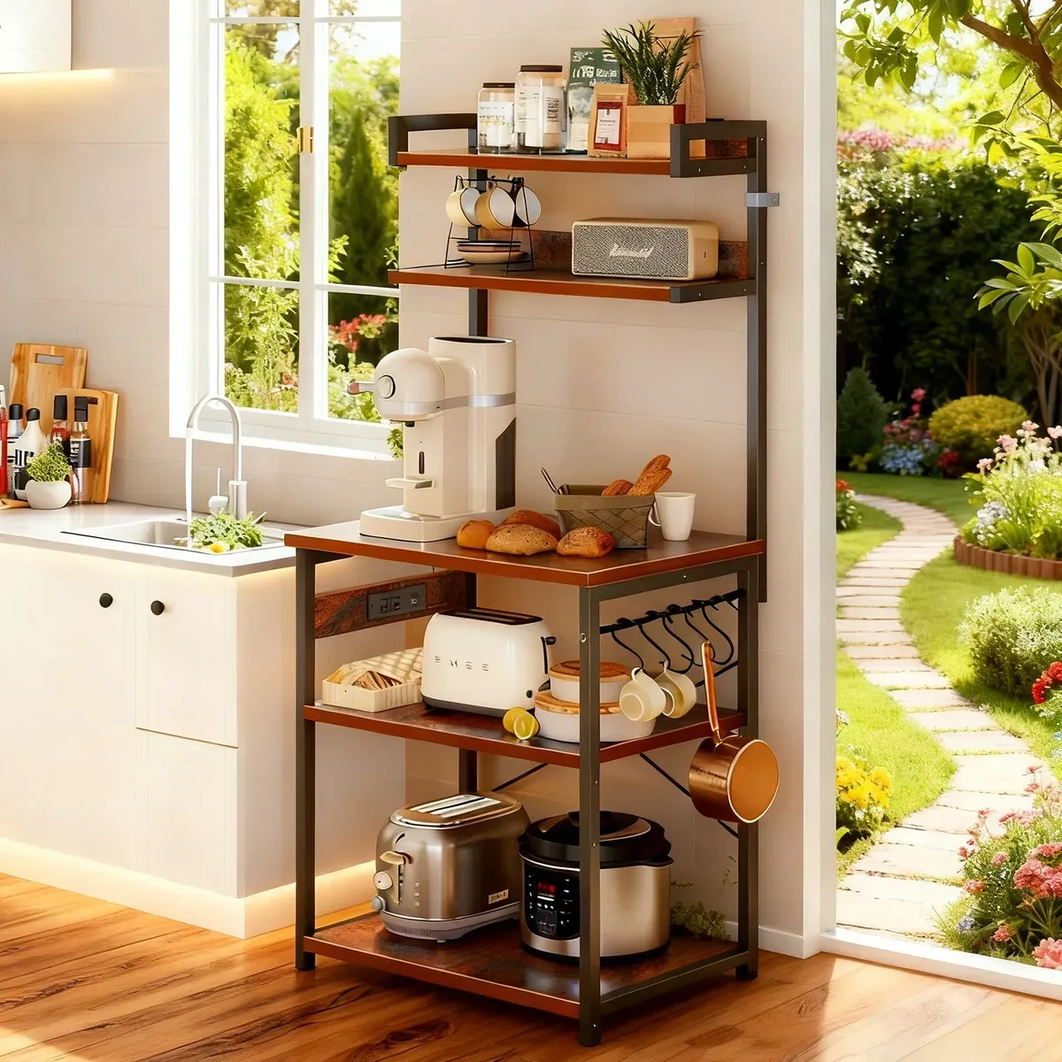 Microwave Cabinet With 5 Floors Metal Shelves With Led And Usb