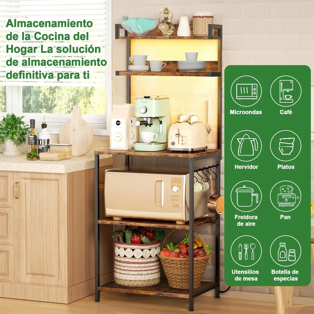 Microwave Cabinet With 5 Floors Metal Shelves With Led And Usb