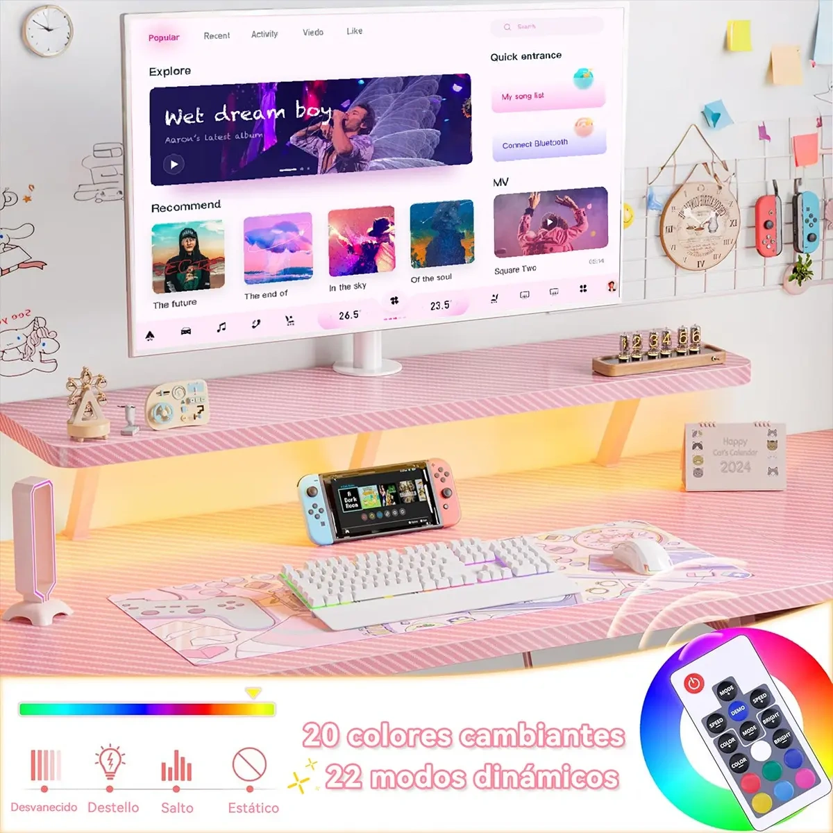 Rgb Gamer Desk 1.2m + monitor/socket/coat rack (pink)