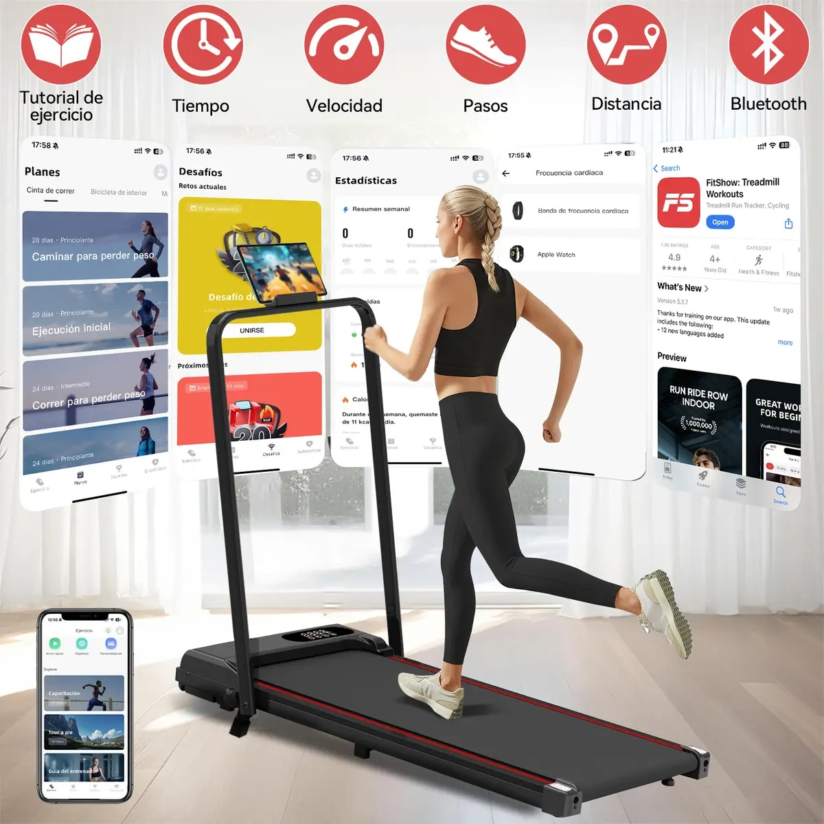 ROWIDE Portable Folding Electric Treadmill 2.5hp with LCD Screen and Remote Control, with Bluetooth APP, Electric Treadmill Walking Pad Portable Elevation Home Office Gym, 2 in 1 Elec Treadmill