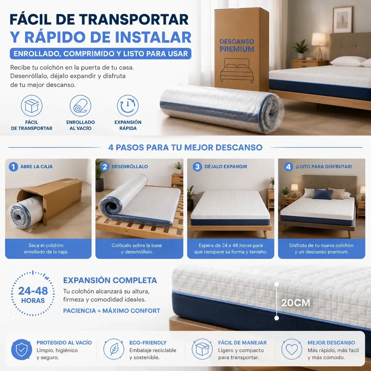 Safonus®King Size Memory Foam mattress 20cm Color Blue-white
