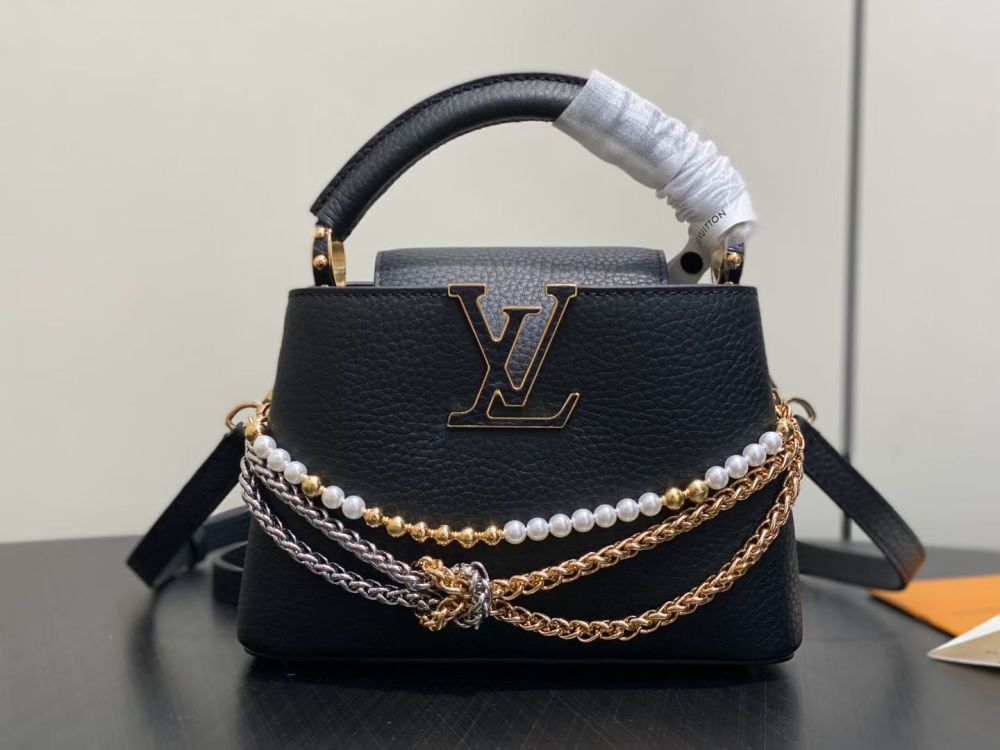 The prototype for this bag is the Louis Vuitton (LV) Capucines Nano handbag.