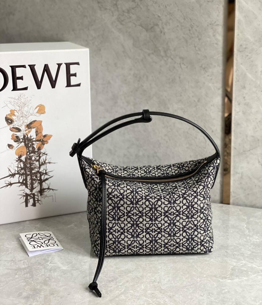 The LOEWE Cubi Small Anagram Jacquard Canvas Shoulder Bag (Navy Blue)—also commonly referred to as one of the "Lunchbox Bag" series.